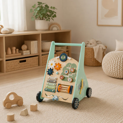 Montessori-inspired wooden activity center for curious toddlers