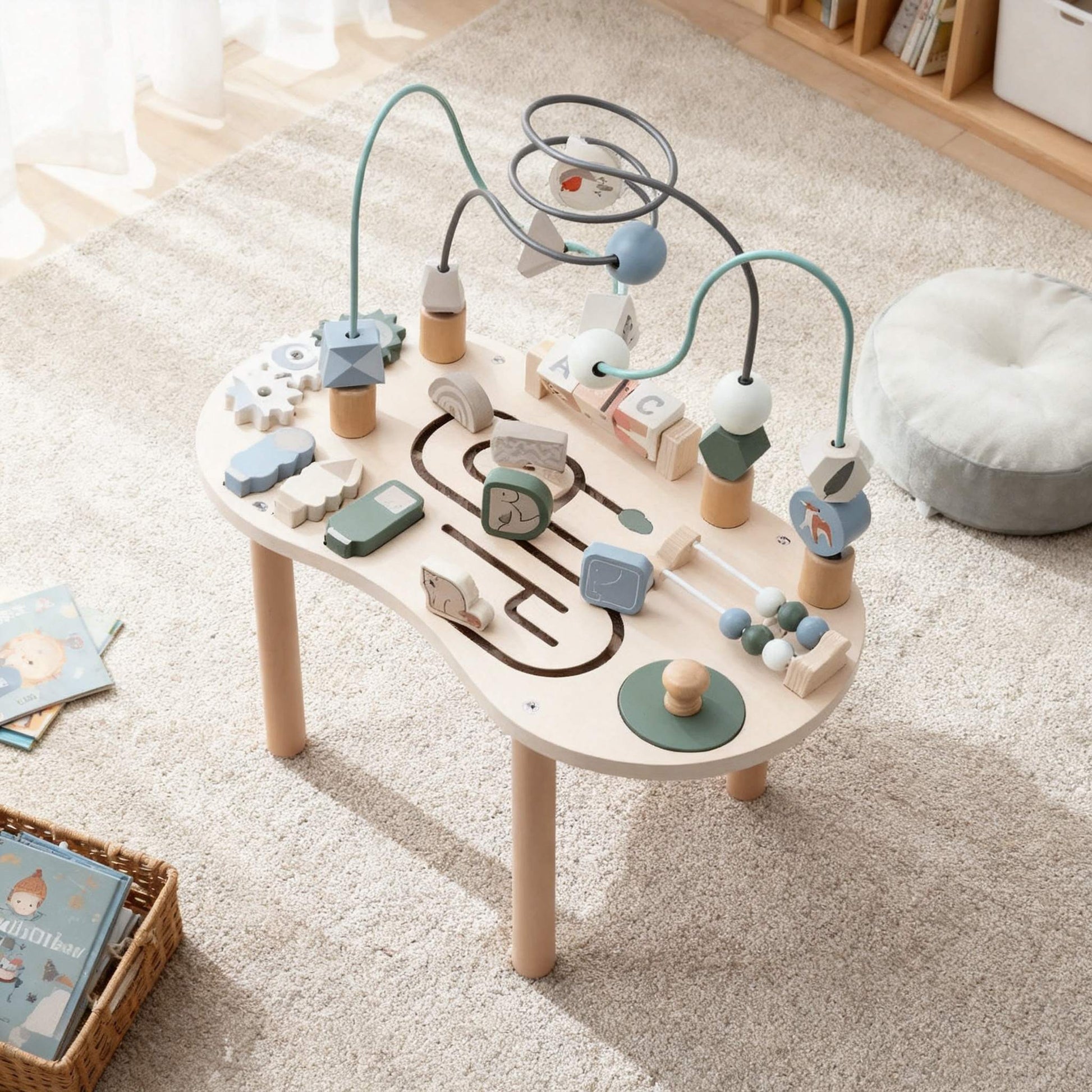 Montessori activity table with gears and interactive moving parts