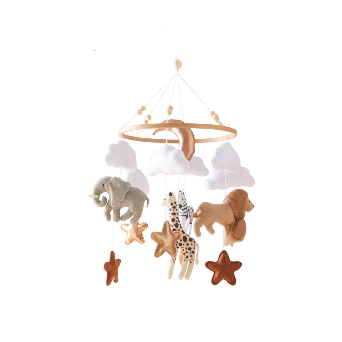 Handmade Montessori baby mobile with felt and wooden decorations for nursery crib