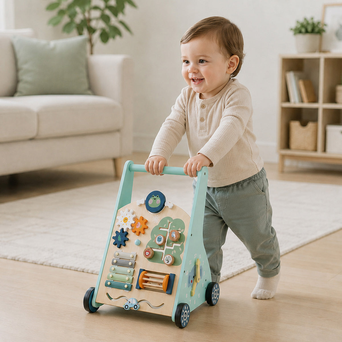 Montessori-inspired baby walker with hands-on activity toys