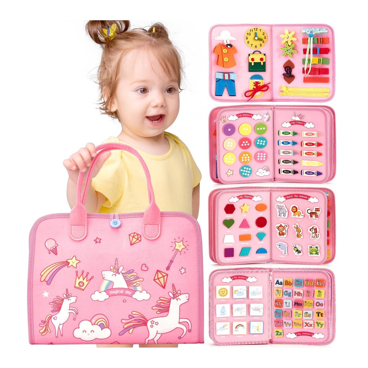 Montessori busy board for toddlers with unicorn design sensory activities