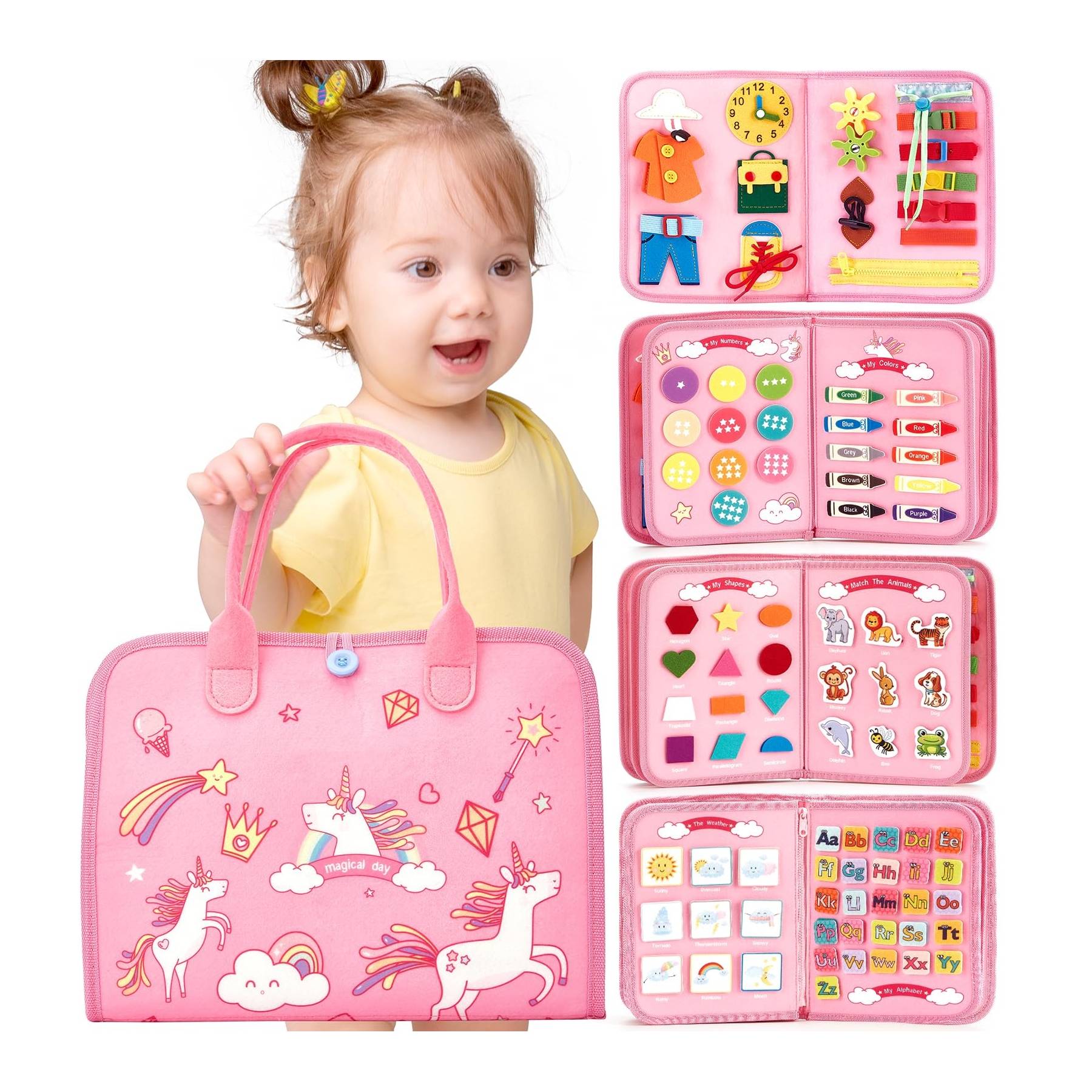 Montessori busy board for toddlers with unicorn design sensory activities