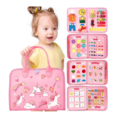 Montessori busy board for toddlers with unicorn design sensory activities