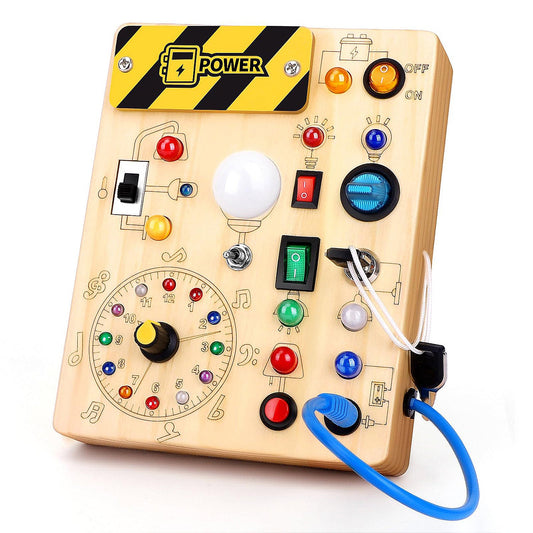 Montessori busy board for toddlers with LED lights and interactive activities