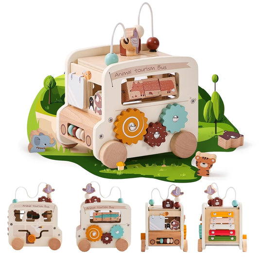 Montessori Busy Bus Activity Cube wooden learning toy for toddlers
