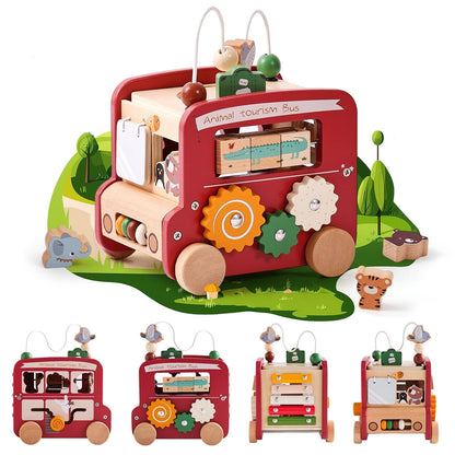 Montessori Busy Bus wooden activity cube educational toy for toddlers
