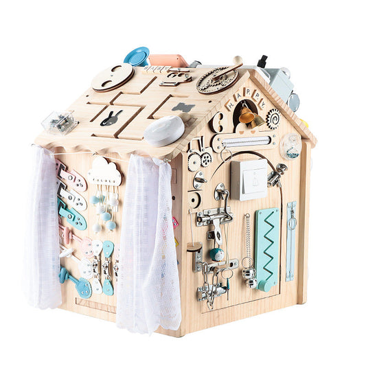 Wooden Busy House Activity Toy for kids and family play, image 1