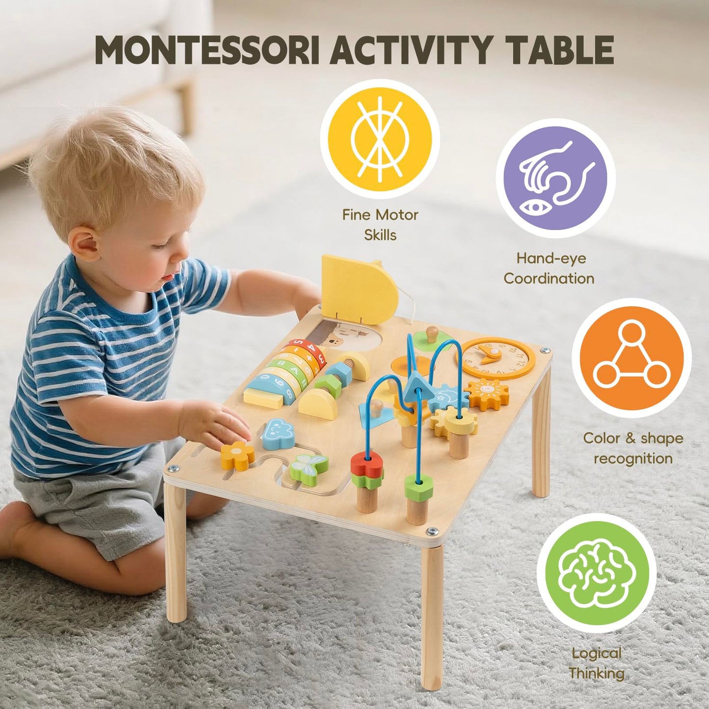 Toddler wooden clock activity for learning numbers and time concepts