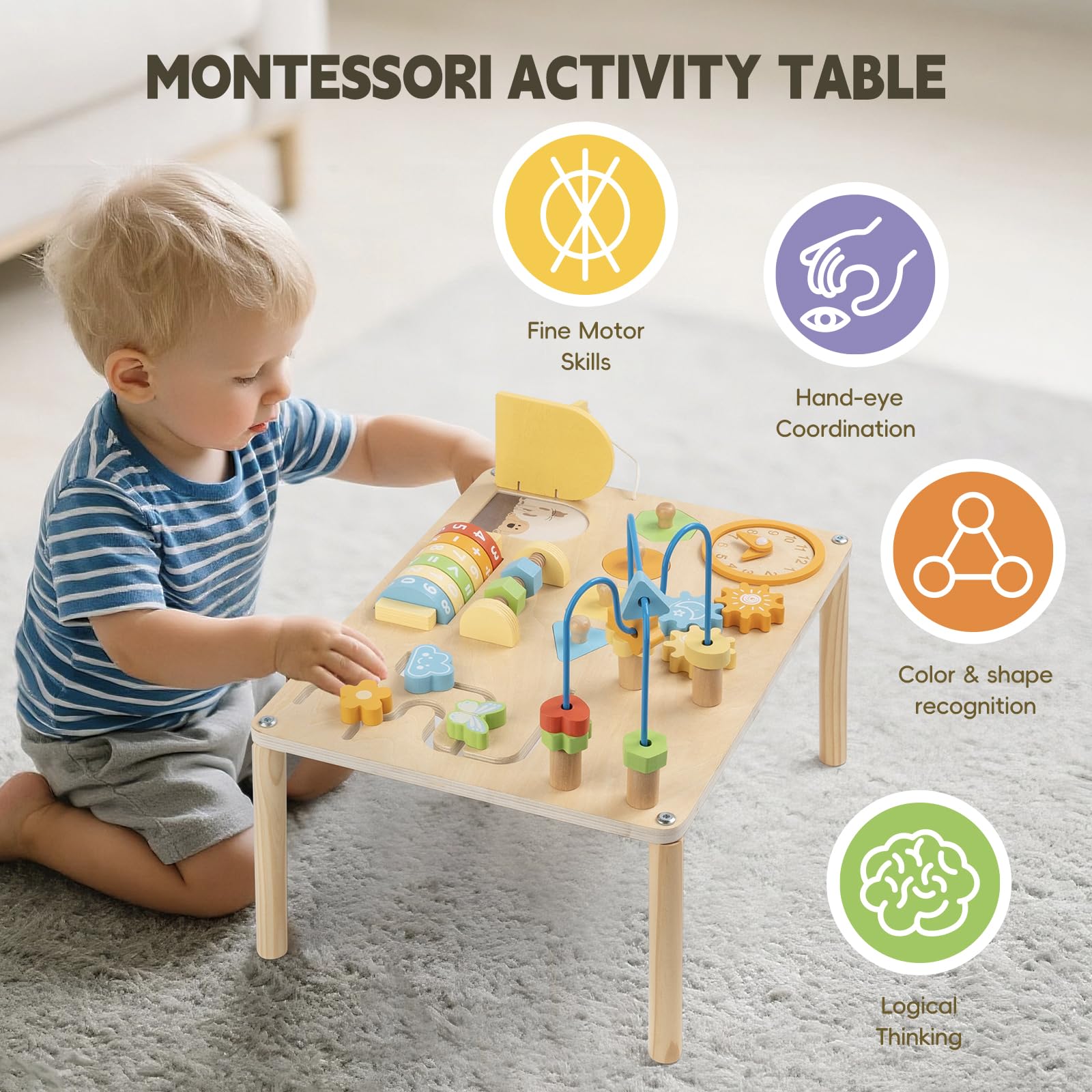 Toddler wooden clock activity for learning numbers and time concepts