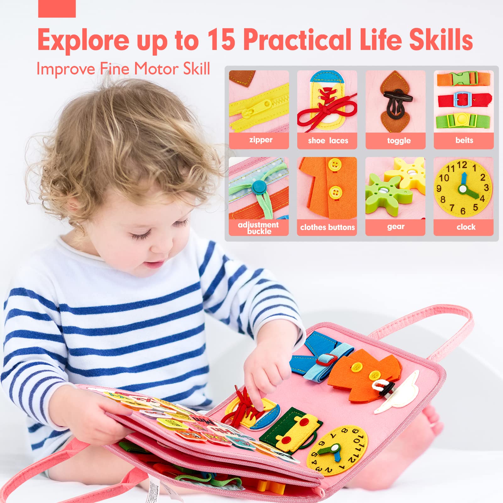 Montessori activity board helping toddlers practice dressing skills