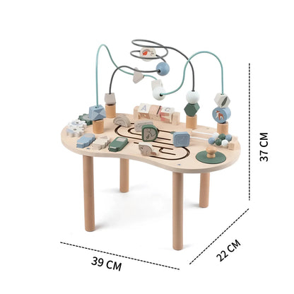 Fine motor Montessori toys integrated into wooden activity table