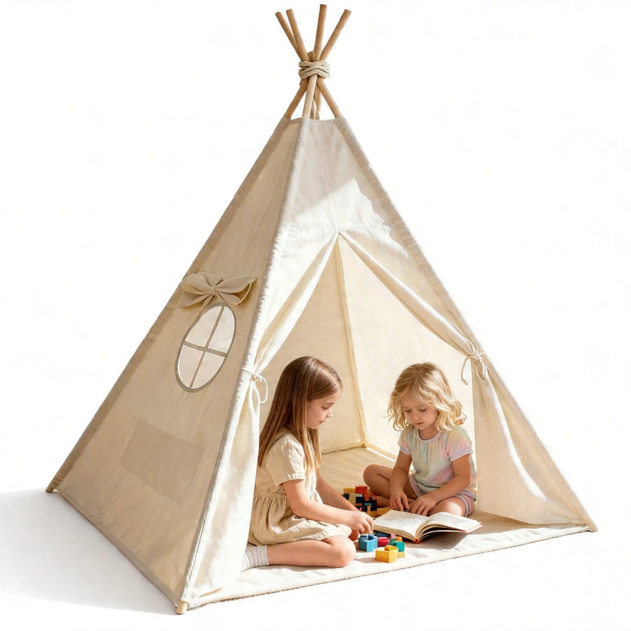 Montessori kids teepee tent in beige creating a cozy indoor playhouse for children