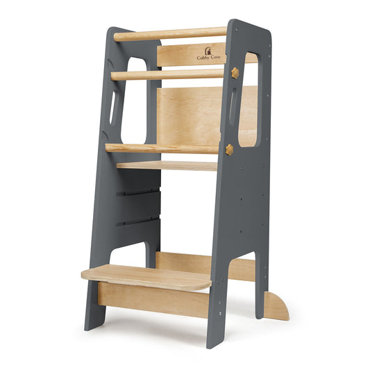 Montessori learning tower in dark gray and natural wood design for toddlers