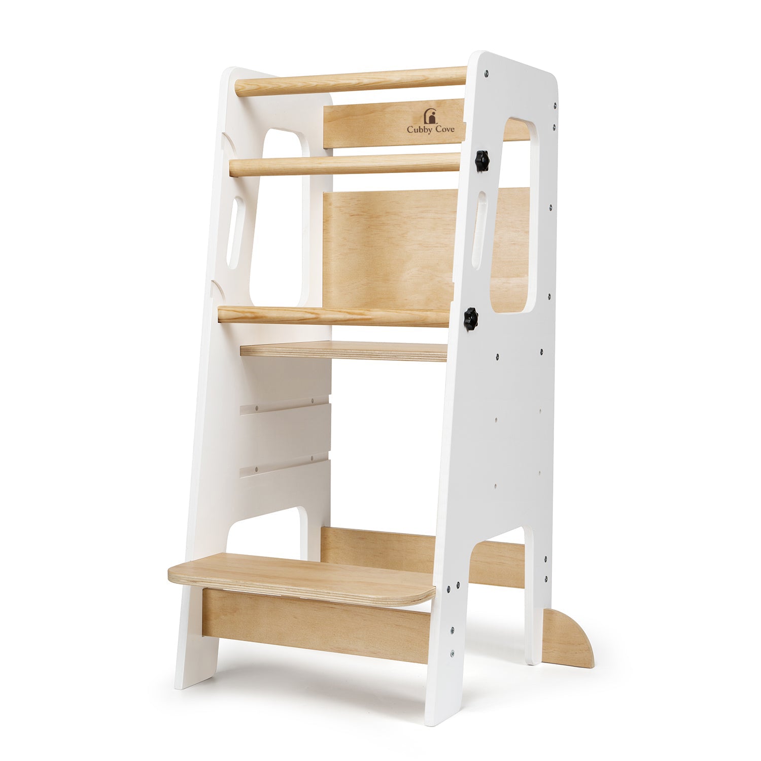 White Montessori learning tower for toddlers with wooden standing platform
