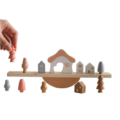 Montessori stacking toy for toddlers with wooden houses animals and trees