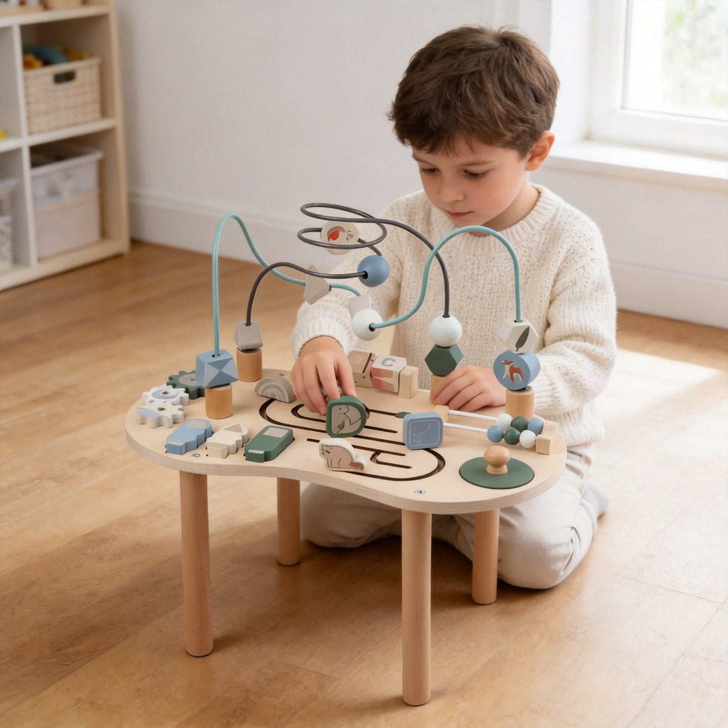 Montessori toy table with bead maze and shape matching activities