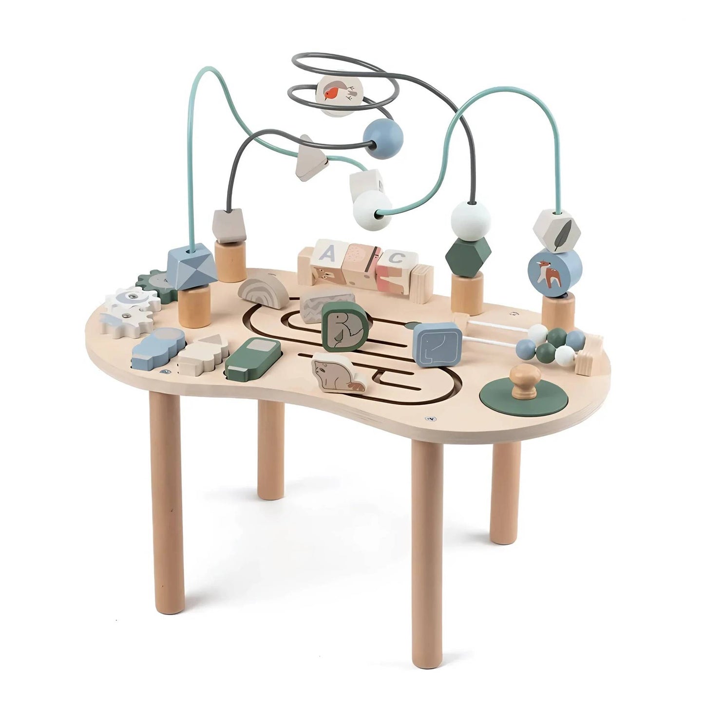Montessori wooden activity table for toddlers with multiple learning activities