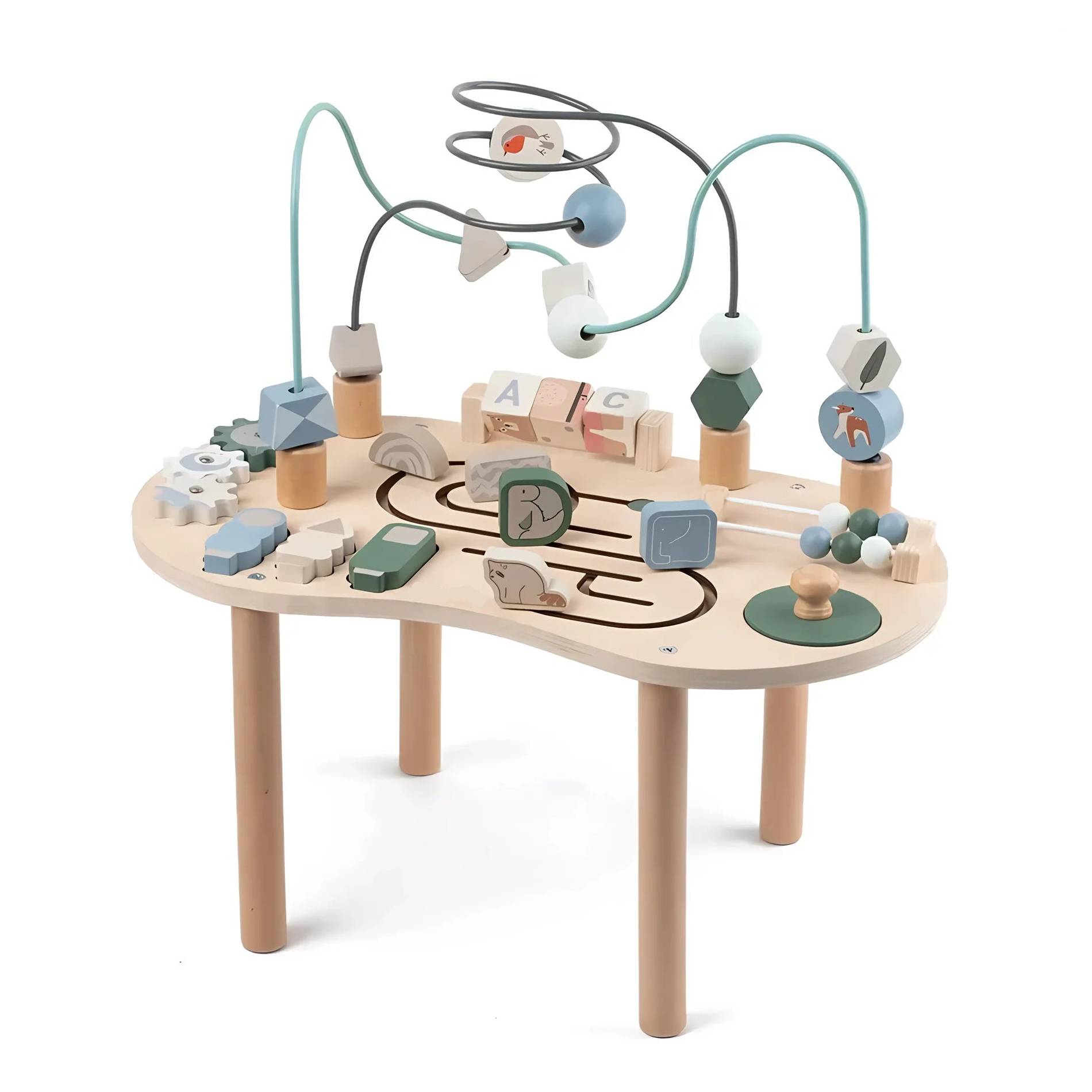 Montessori wooden activity table for toddlers with multiple learning activities