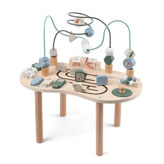 Montessori wooden activity table for toddlers with multiple learning activities