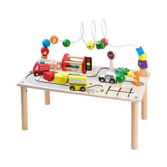 Montessori wooden activity table for toddlers with multiple learning activities