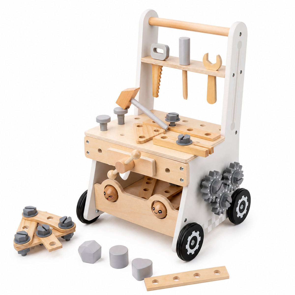 Montessori wooden baby walker with tool bench