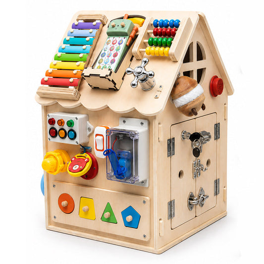 Montessori wooden busy house with 20+ hands-on activities for kids ages 3 and up