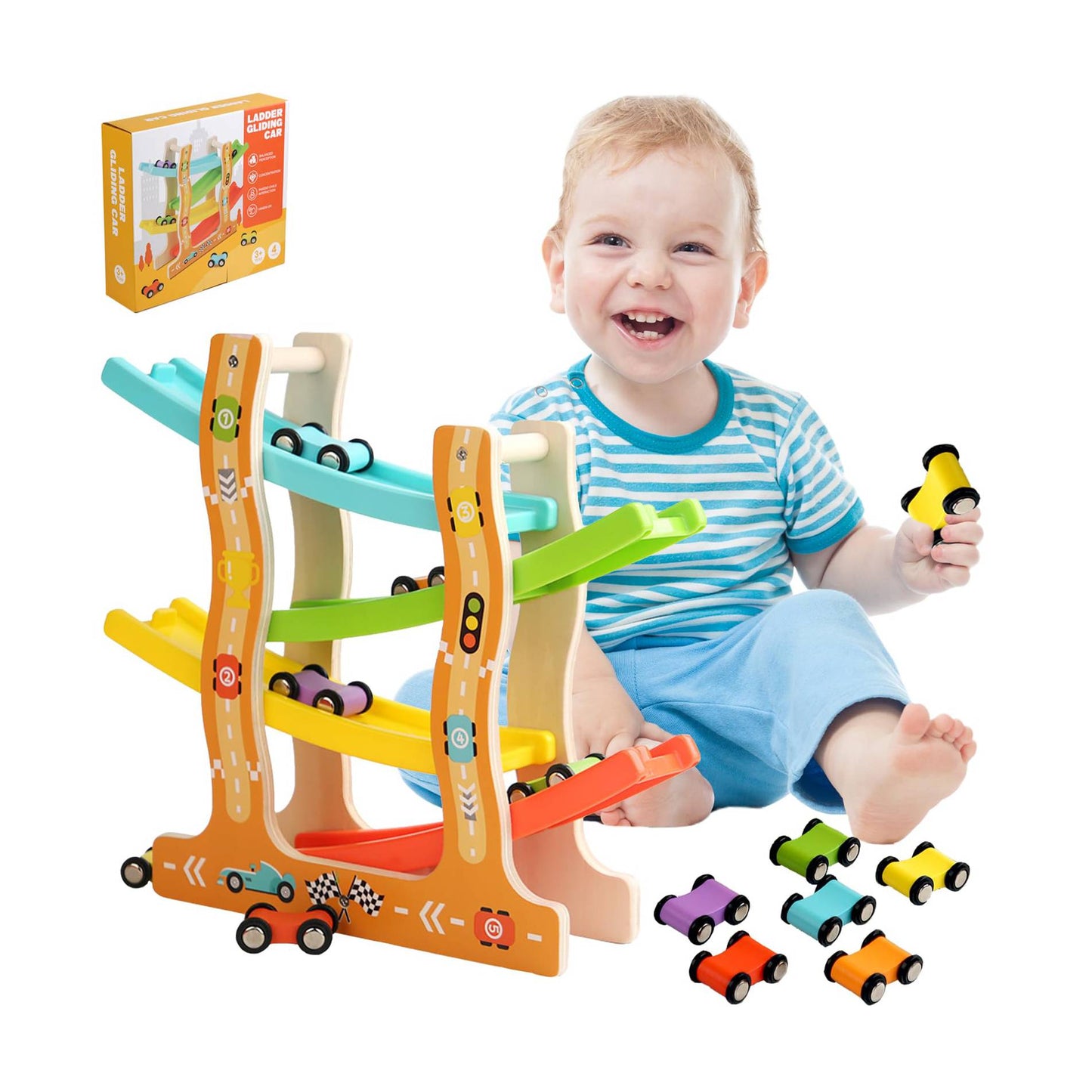 Montessori wooden car ramp toy with colorful wooden cars for toddlers