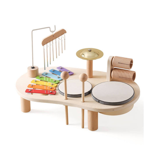 Montessori wooden musical activity table with xylophone and drums for toddlers