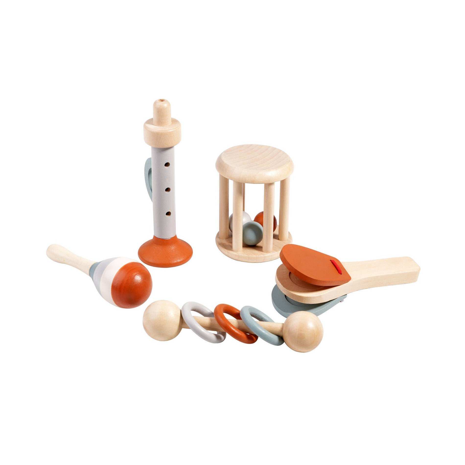 Montessori wooden musical instruments set for toddlers with five natural wood instruments