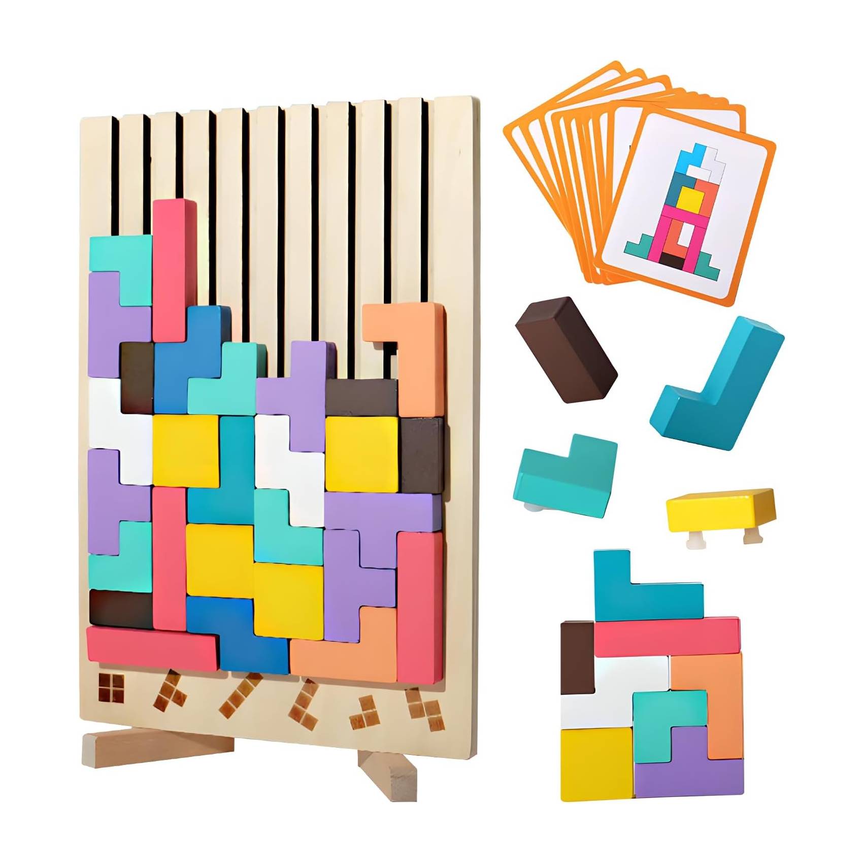 Montessori wooden Tetris puzzle toy with colorful blocks for kids