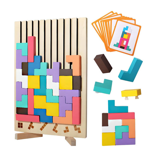 Montessori wooden Tetris puzzle toy with colorful blocks for kids