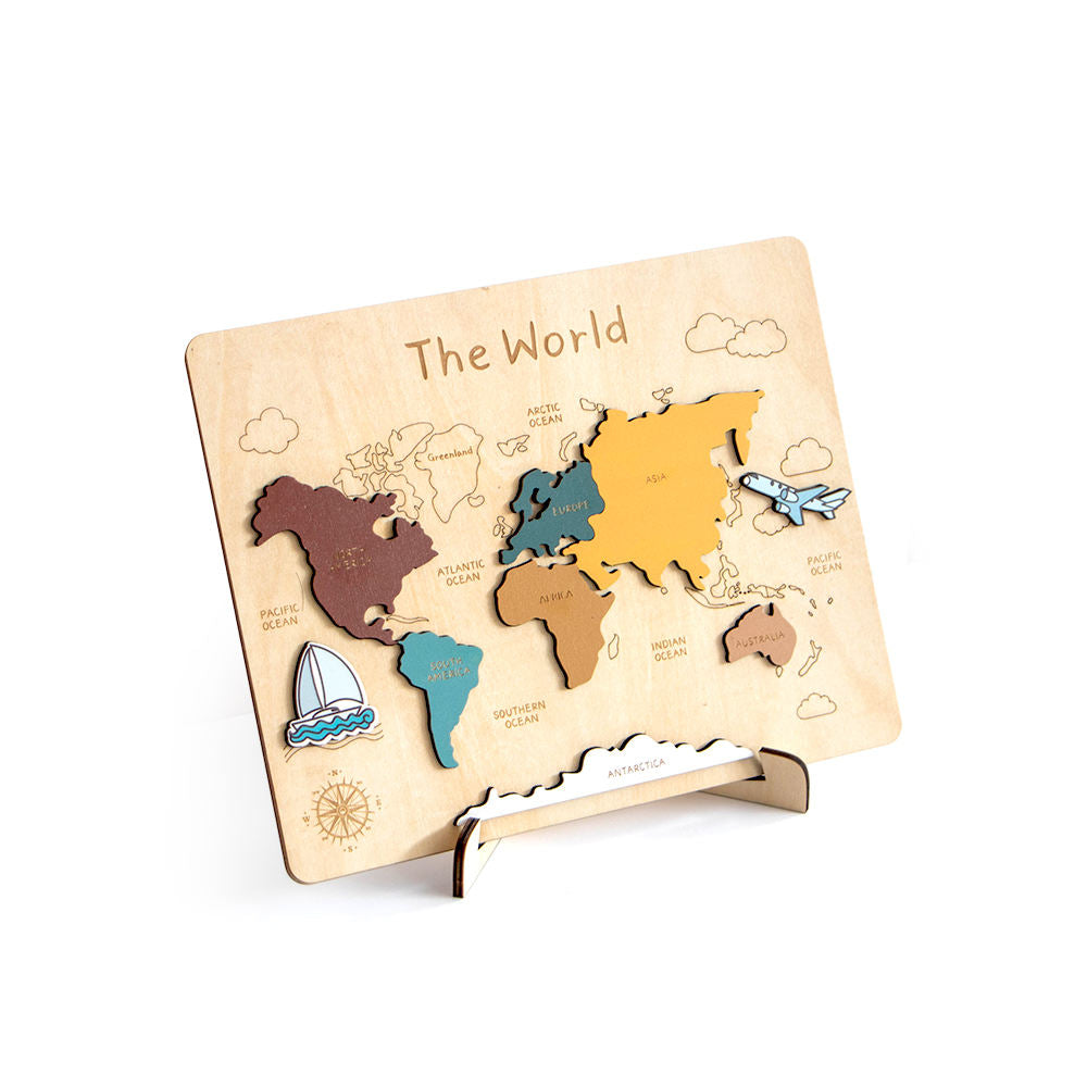Wooden World Map Puzzle for kids and family play, image 3