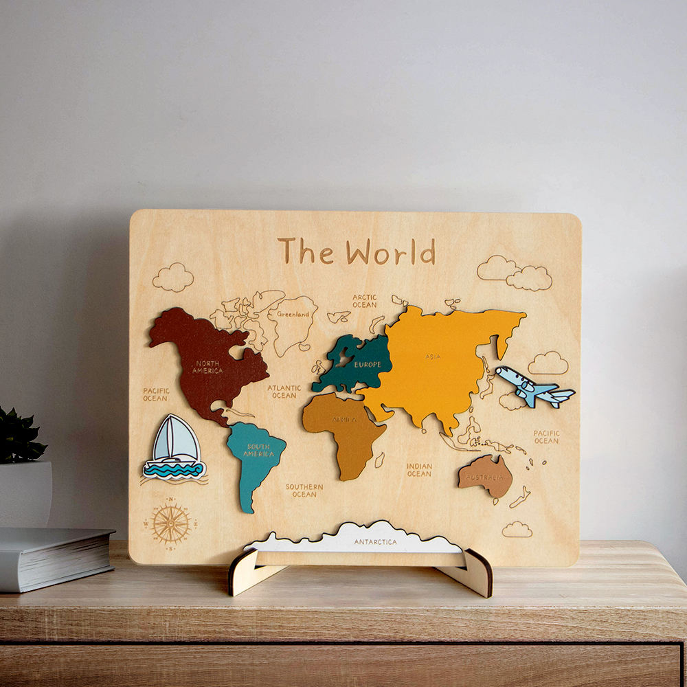 Wooden World Map Puzzle for kids and family play, image 2