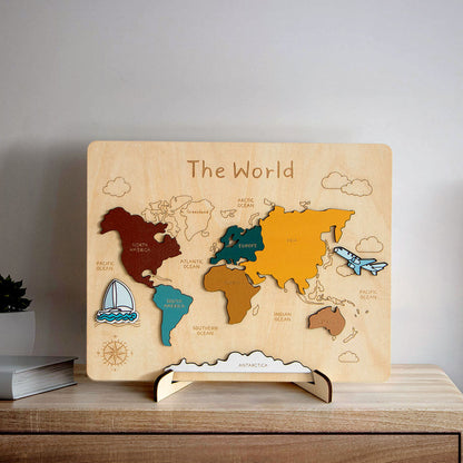 Wooden World Map Puzzle for kids and family play, image 2