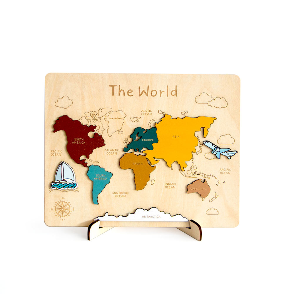 Wooden World Map Puzzle for kids and family play, image 1