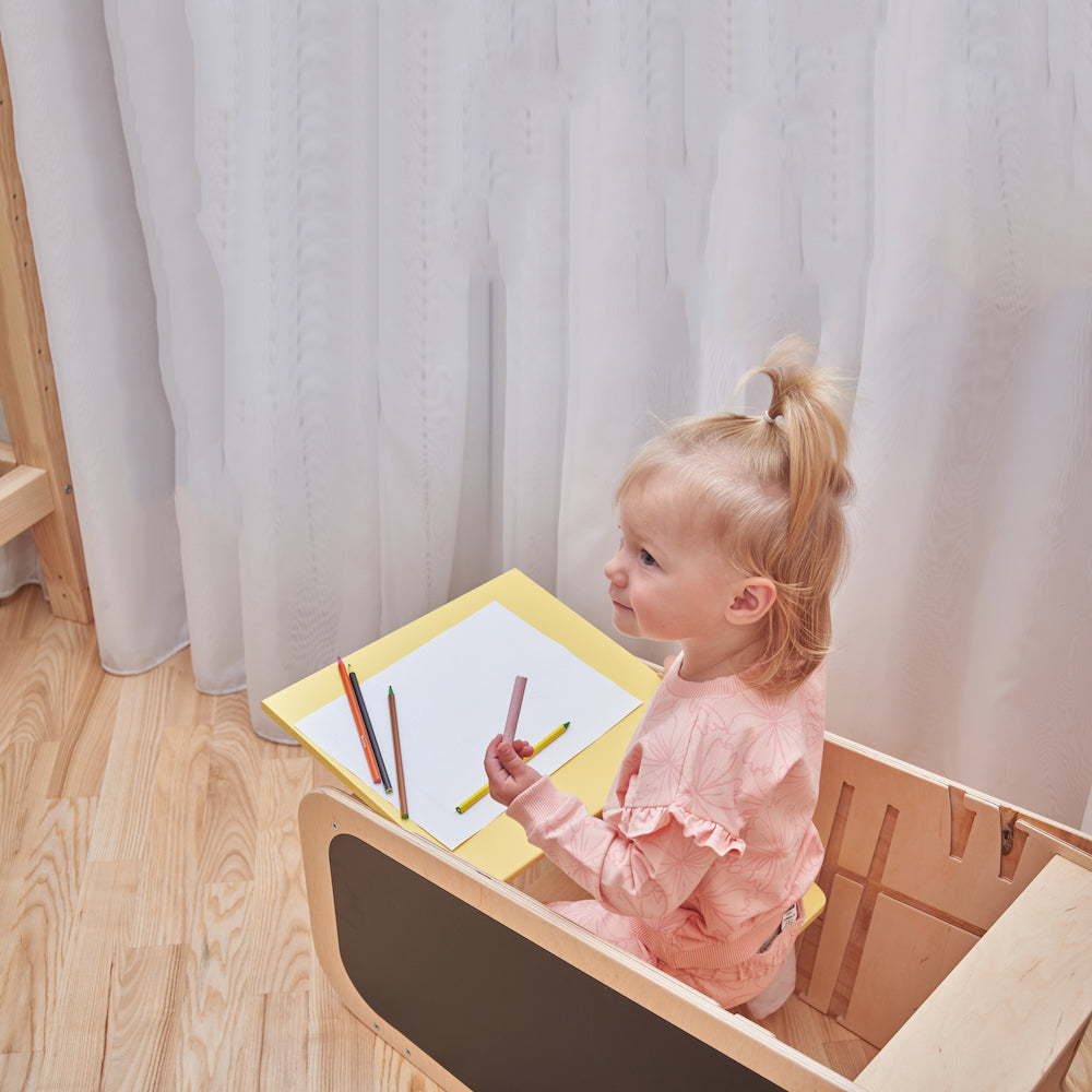 Built-in wooden busy board with gears, ball track and hidden compartments