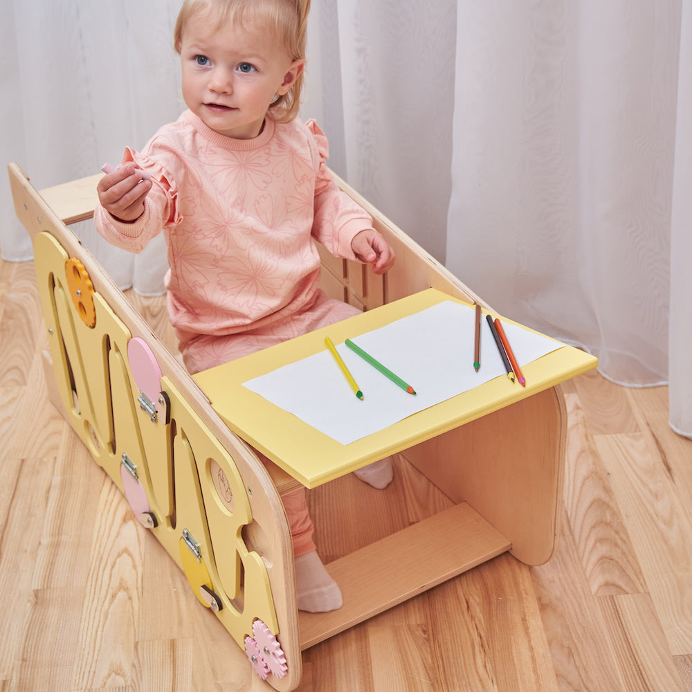 Natural wood toddler kitchen helper tower with activity panel