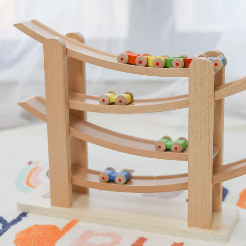 Autorennbahn Wooden - Bunte Rutschbahn 6 Autos - With Ramp for kids and family play, image 3
