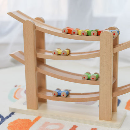 Autorennbahn Wooden - Bunte Rutschbahn 6 Autos - With Ramp for kids and family play, image 3