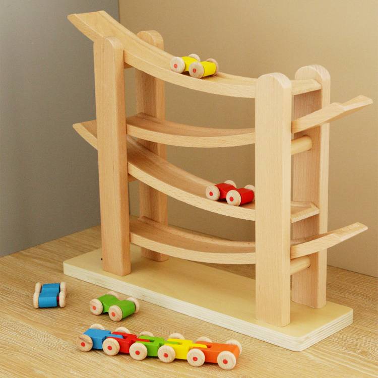 Autorennbahn Wooden - Bunte Rutschbahn 6 Autos - With Ramp for kids and family play, image 2