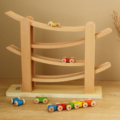 Autorennbahn Wooden - Bunte Rutschbahn 6 Autos - With Ramp for kids and family play, image 8