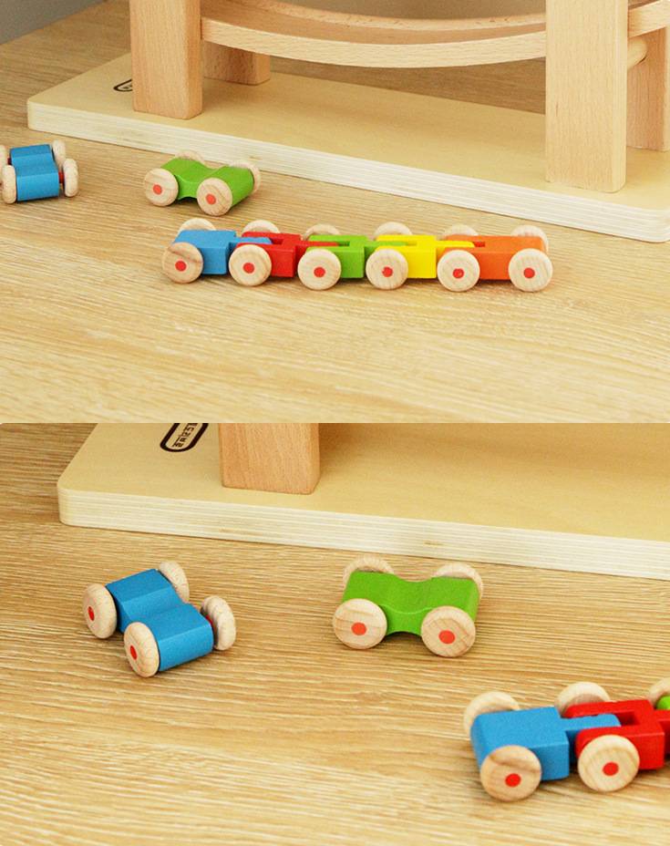 Autorennbahn Wooden - Bunte Rutschbahn 6 Autos - With Ramp for kids and family play, image 7