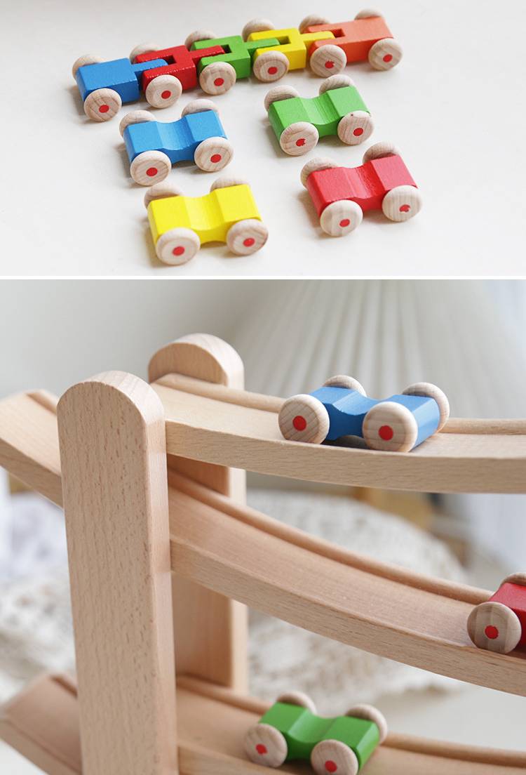 Autorennbahn Wooden - Bunte Rutschbahn 6 Autos - With Ramp for kids and family play, image 6