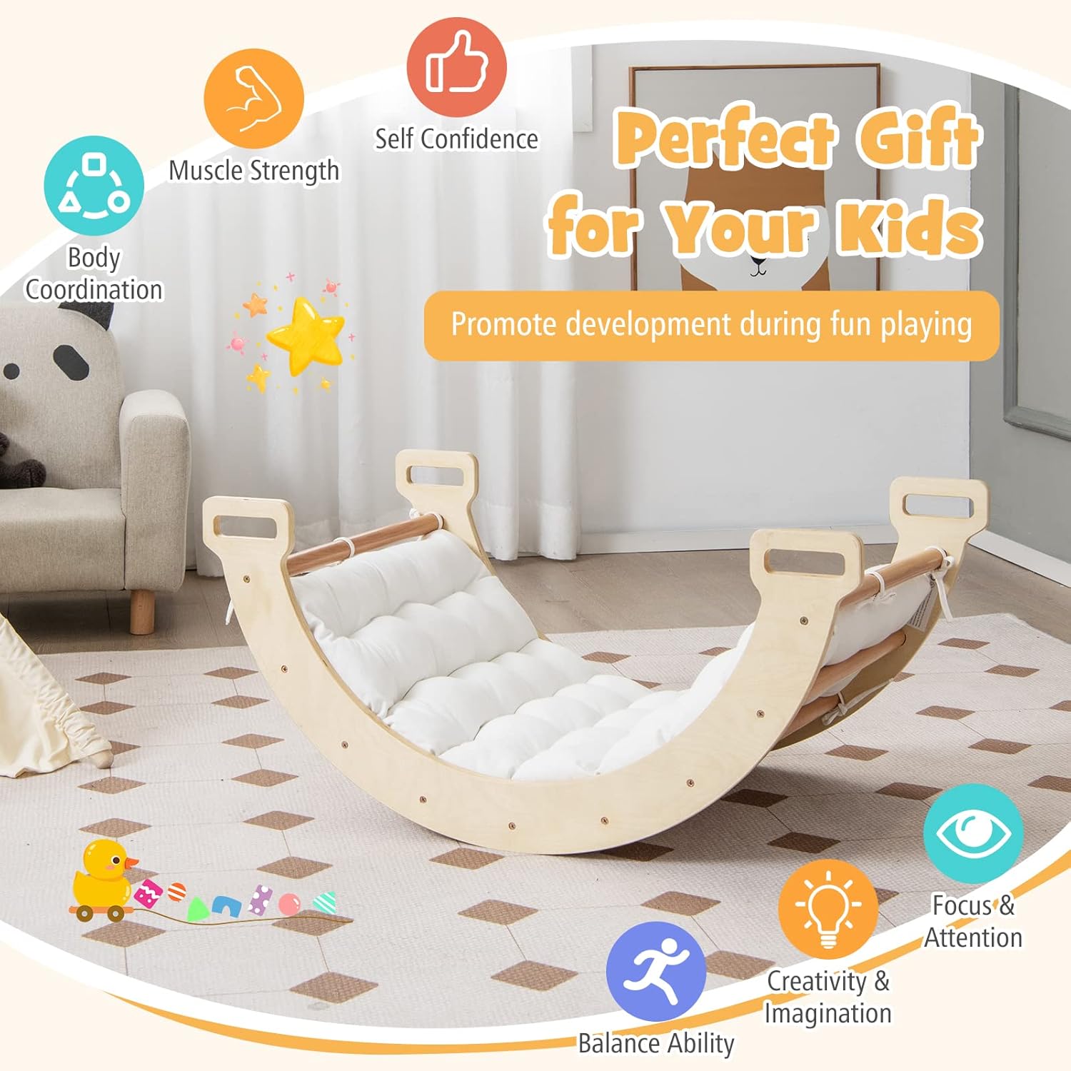 3-in-1 Wooden Climbing Arch for kids and family play, image 4