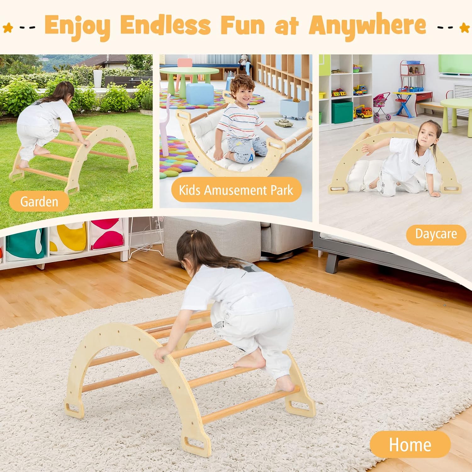 3-in-1 Wooden Climbing Arch for kids and family play, image 7