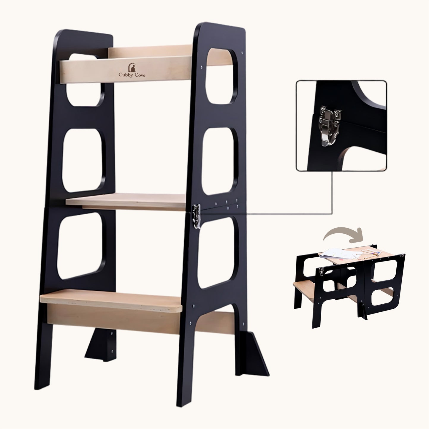 Multiuse kids helper tower in black wood for learning, play, and daily routines