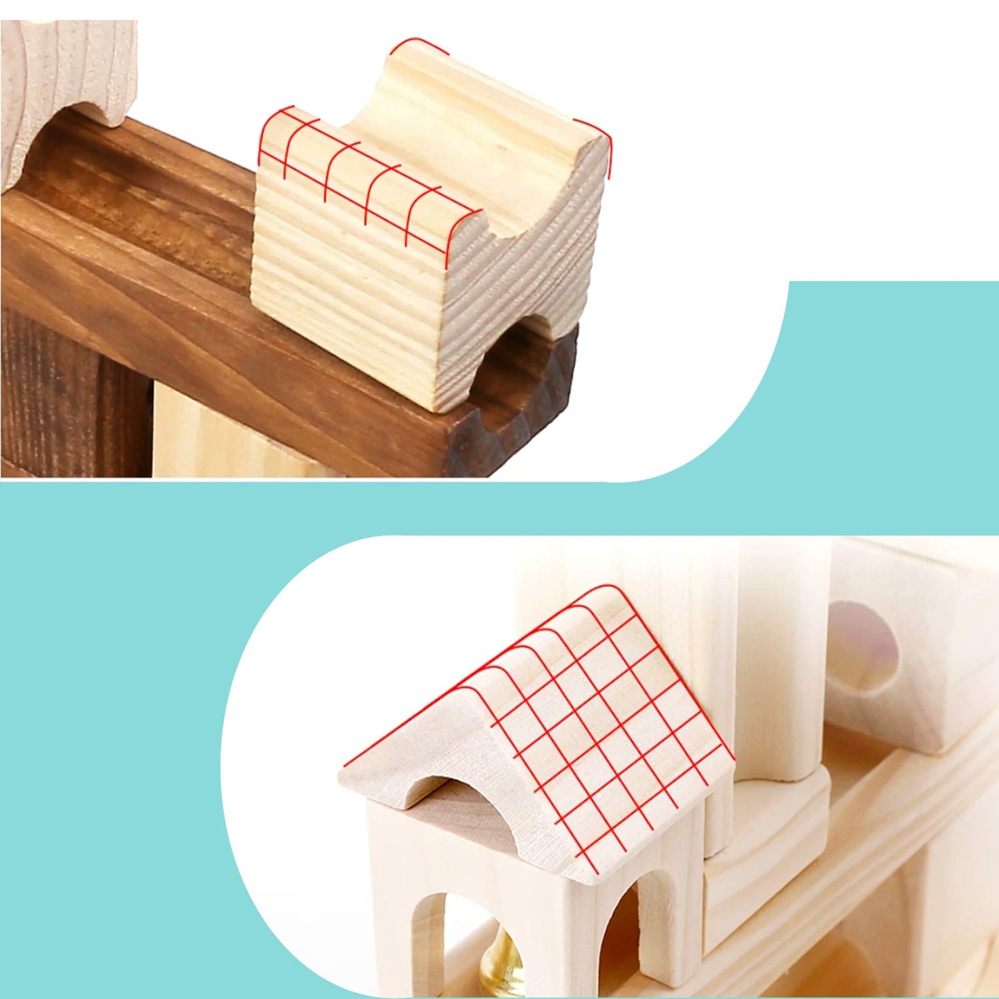 Natural wood marble run pieces with smooth child-friendly surfaces