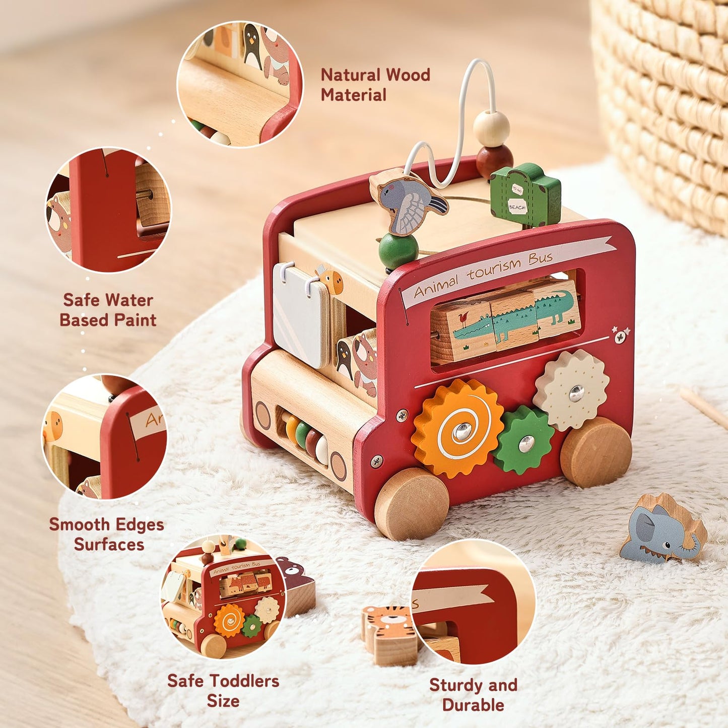 Premium wooden Montessori activity cube with smooth rounded edges