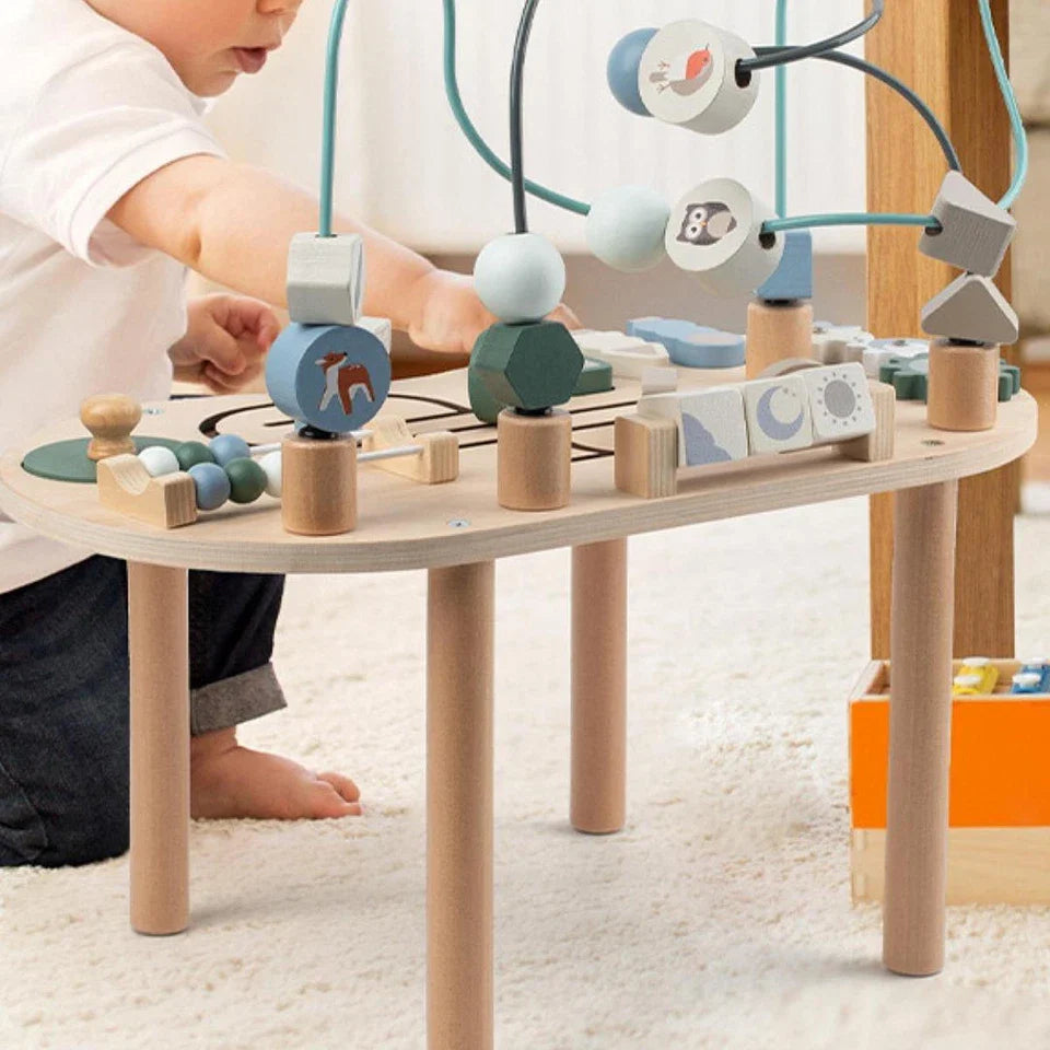Natural wood Montessori activity table for children's playroom