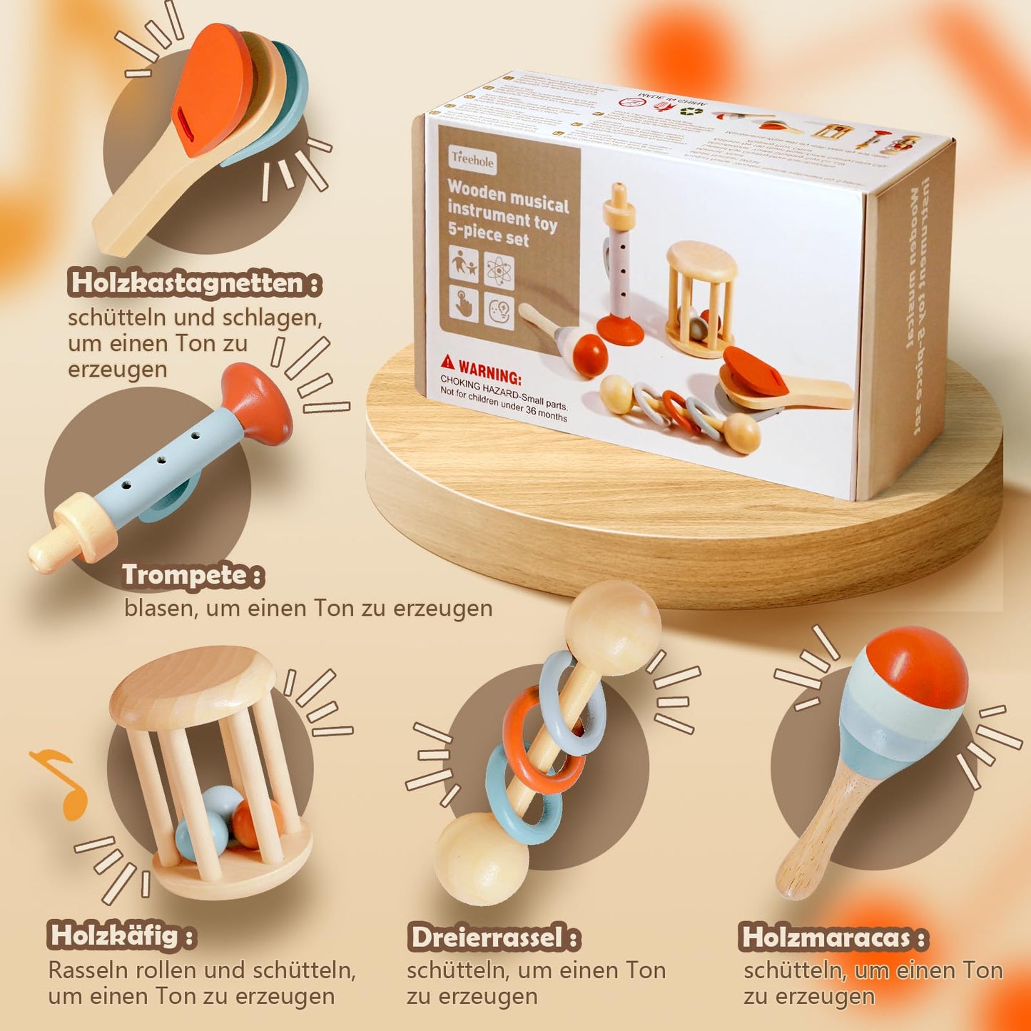 Natural wooden musical toys with smooth surfaces for little hands